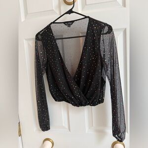 Miss Selfridge Black Sheer Wrap Blouse with Colorful Sequins -Size 4